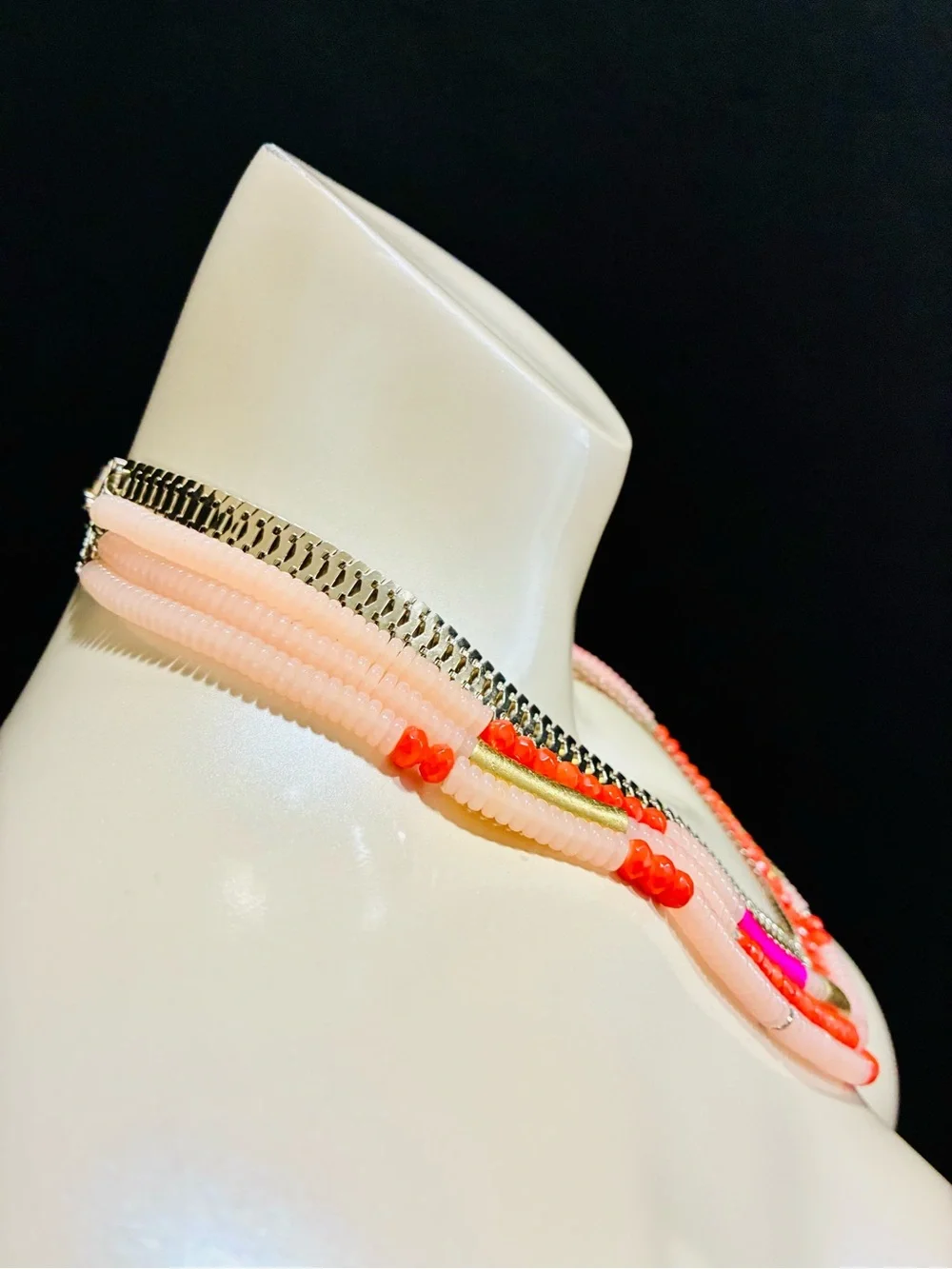 Layered Pink & Coral Beaded Statement Necklace with Gold Accents